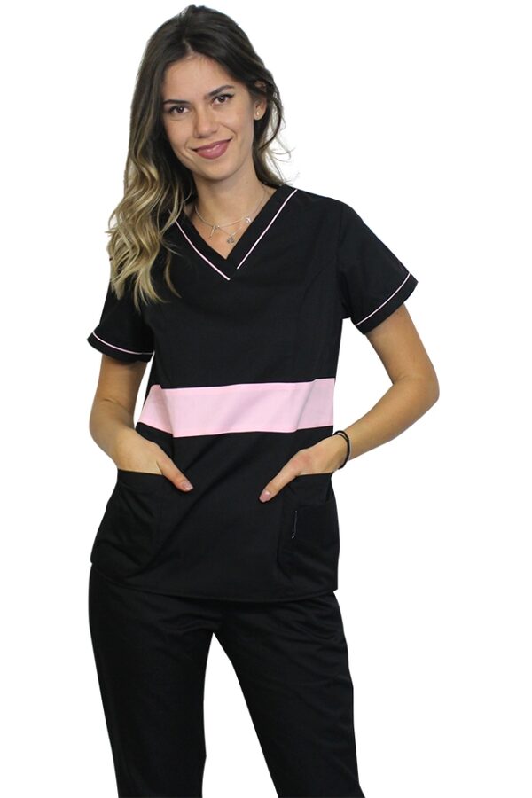 OUTLET Halat medical negru cu roz pal, model Sofia